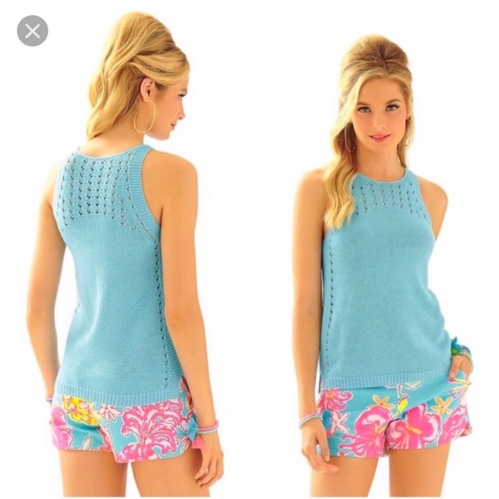 Lilly Pulitzer MAC Sleeveless Sweater Tank Turquoise Blue Pointelle Knit Medium